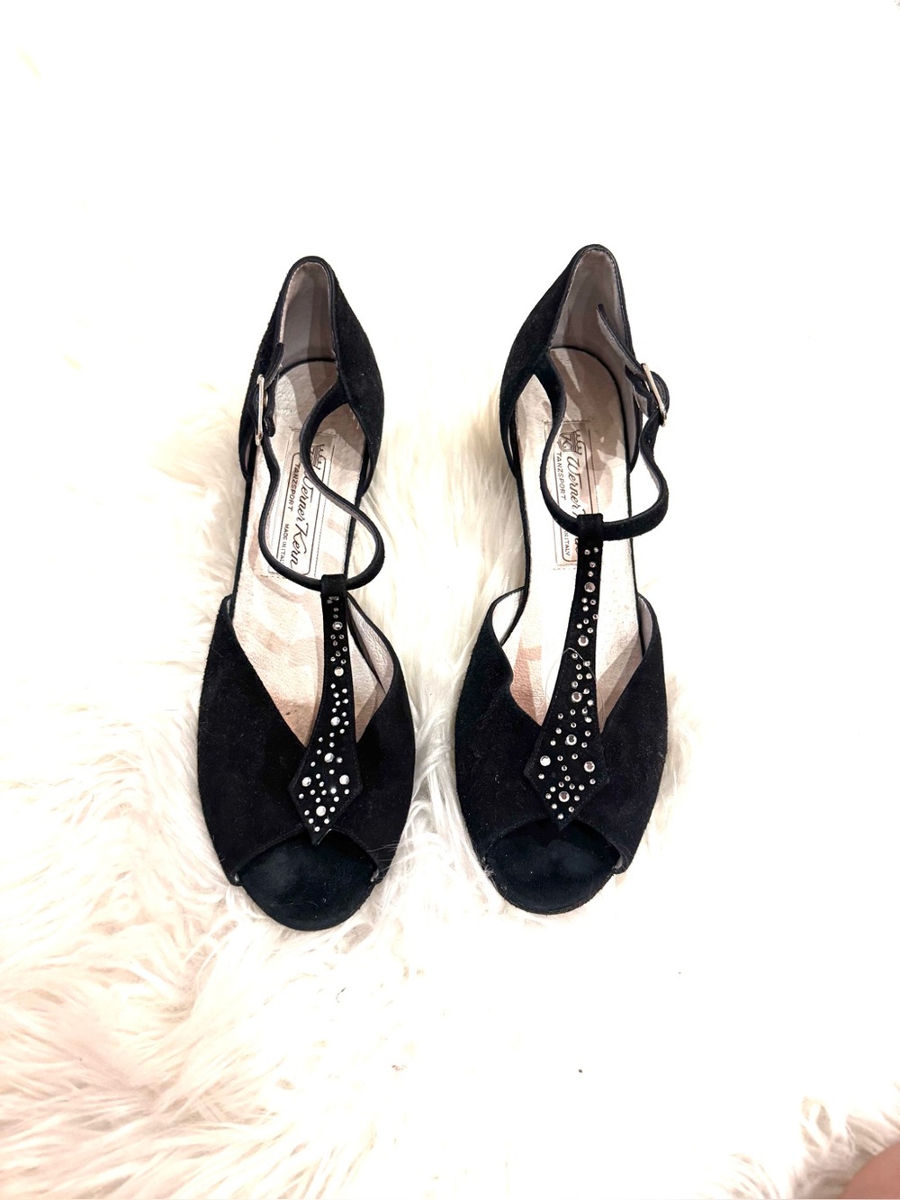 Black Suede Open-Toe Heels with Crystal T-Strap